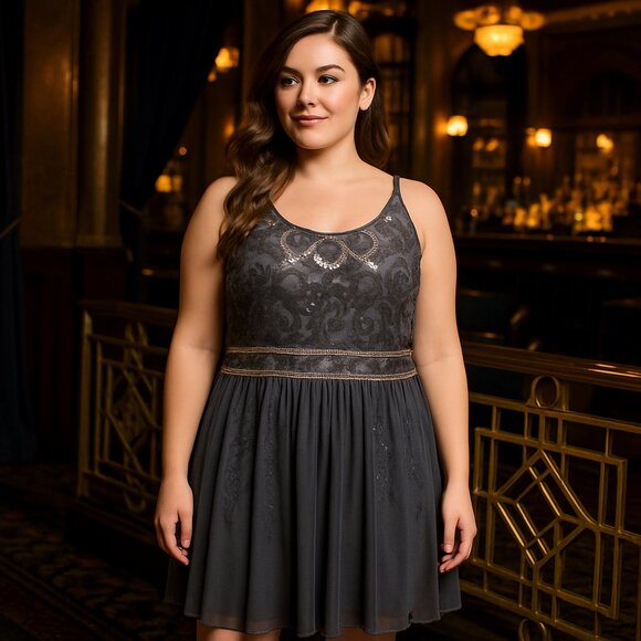 BCX Charcoal Sequin Overlay Party Dress – Size 16W – New w/ Tags - Picture 1 of 16